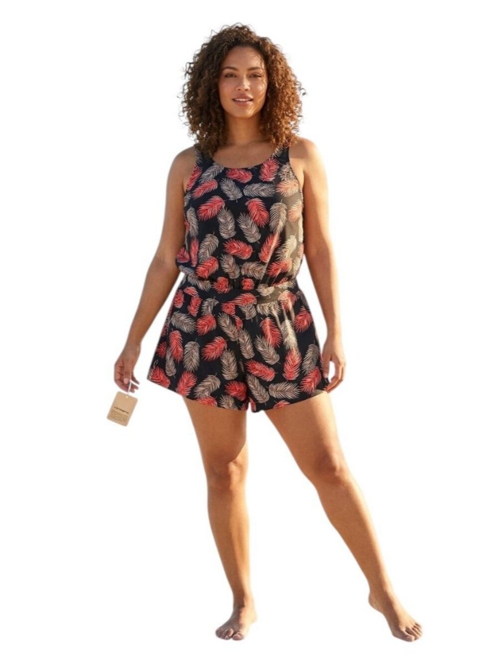 BloomChic Swim Romper One Piece Swimsuit Tropical Leaf NWT Coral Black Sz 10